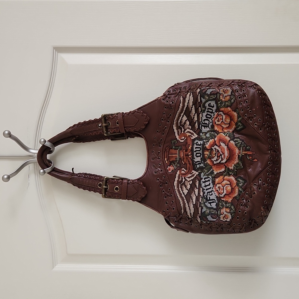 Isabella Fiore Faith Love Hope Embroidered Leather Bag